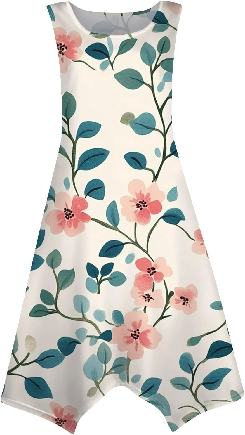 Women's Round Neck Sleeveless Tank Sundresses 2025 Floral Print Irregular Hem Midi Dress, S-2XL