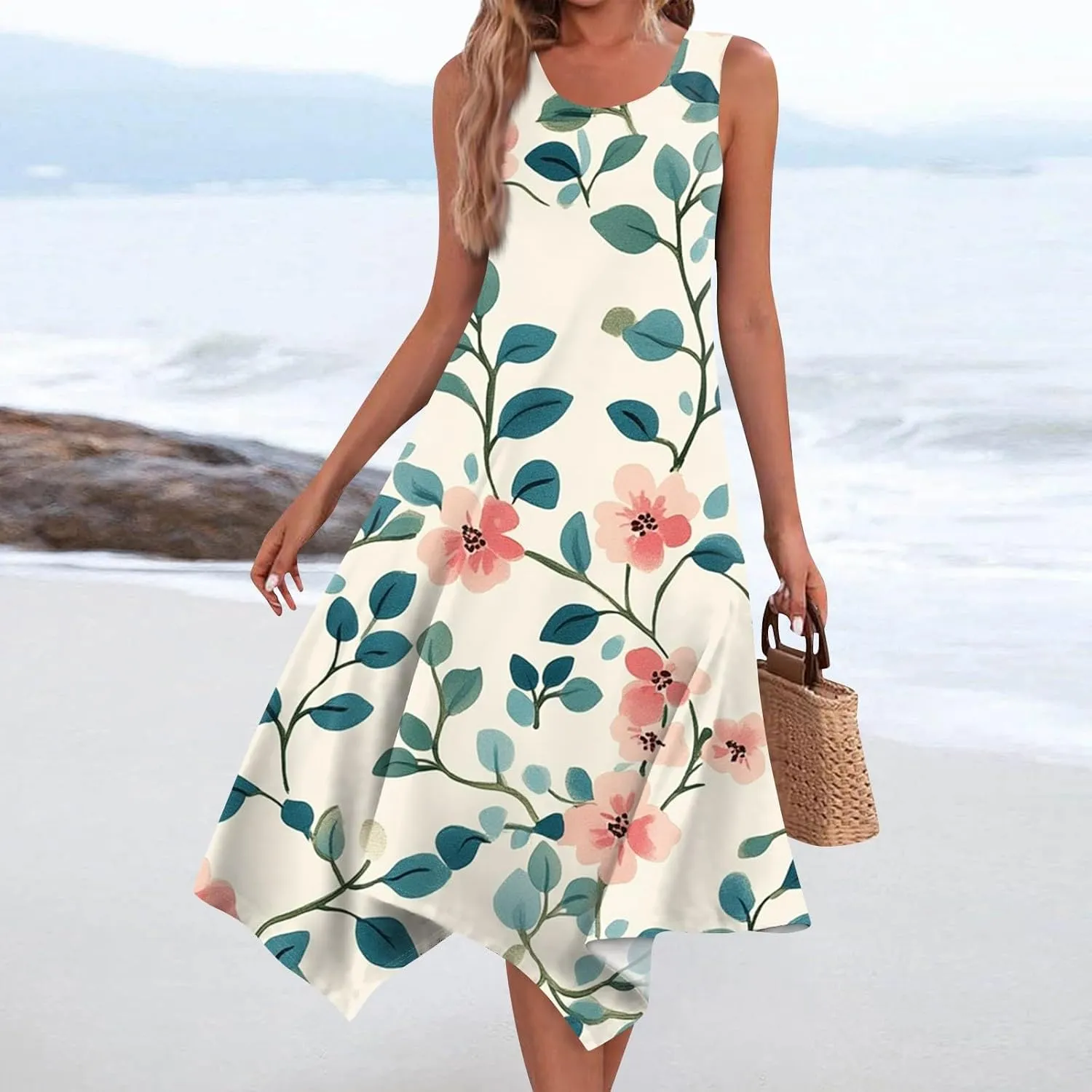 Women's Round Neck Sleeveless Tank Sundresses 2025 Floral Print Irregular Hem Midi Dress, S-2XL