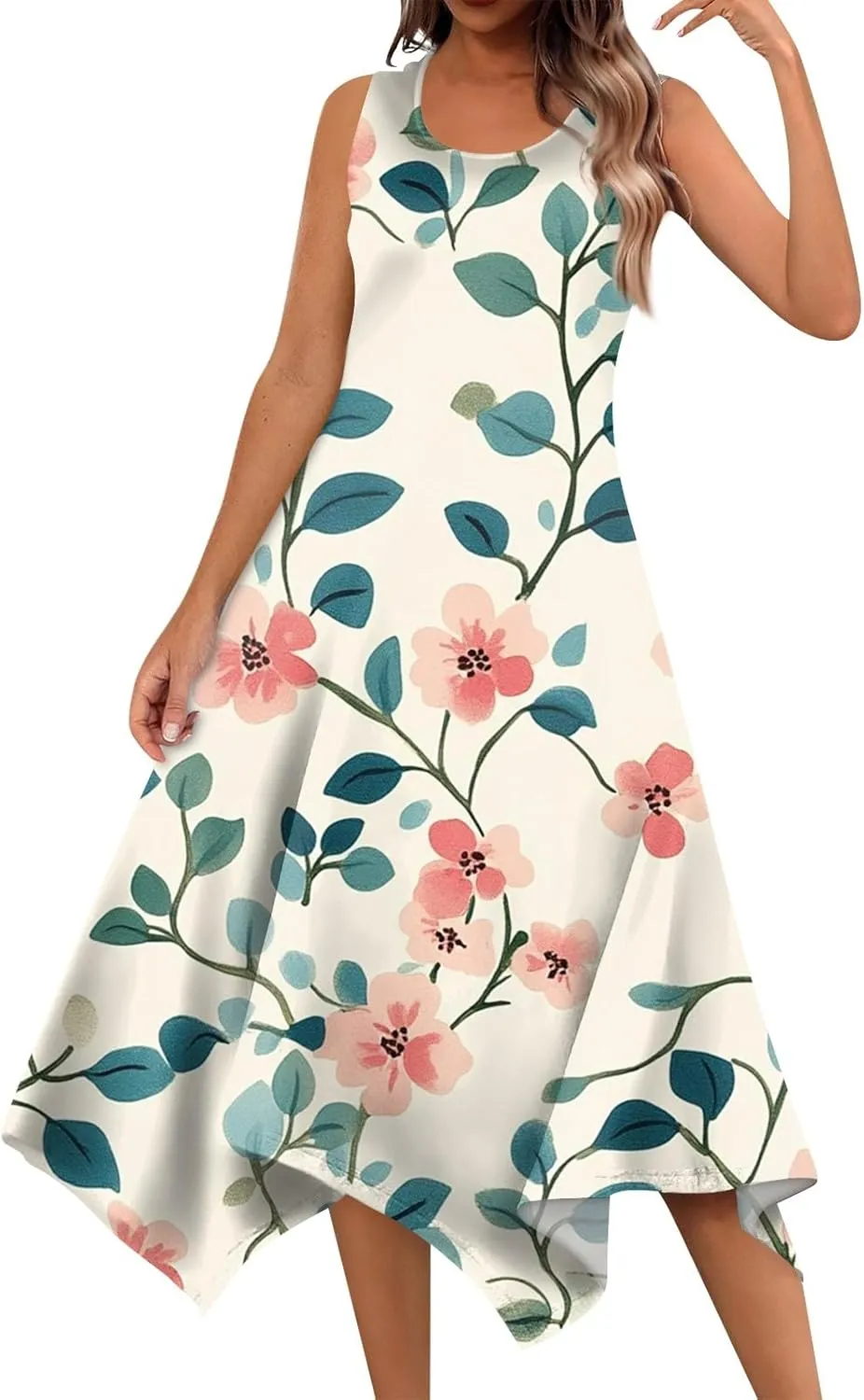 Women's Round Neck Sleeveless Tank Sundresses 2025 Floral Print Irregular Hem Midi Dress, S-2XL