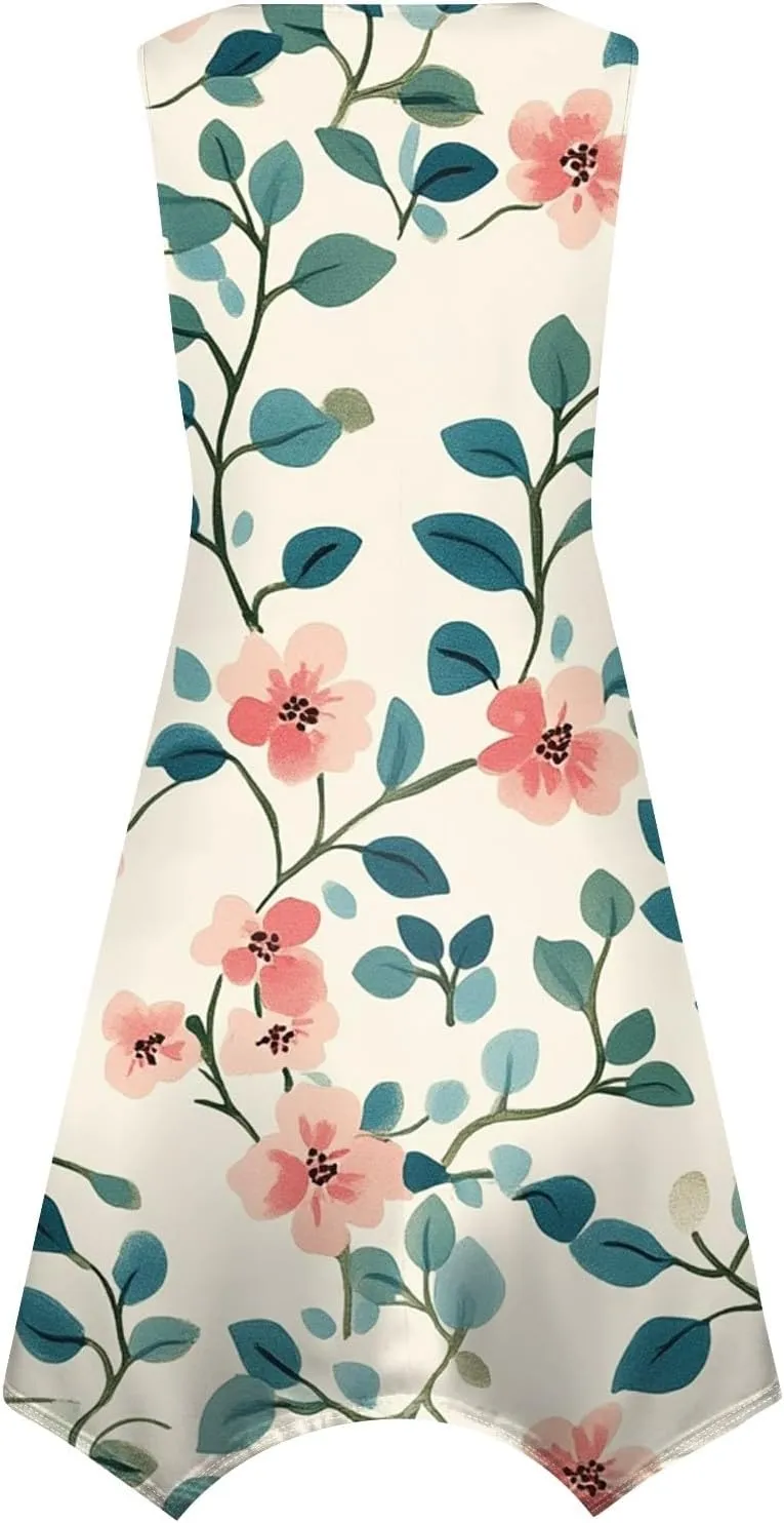 Women's Round Neck Sleeveless Tank Sundresses 2025 Floral Print Irregular Hem Midi Dress, S-2XL