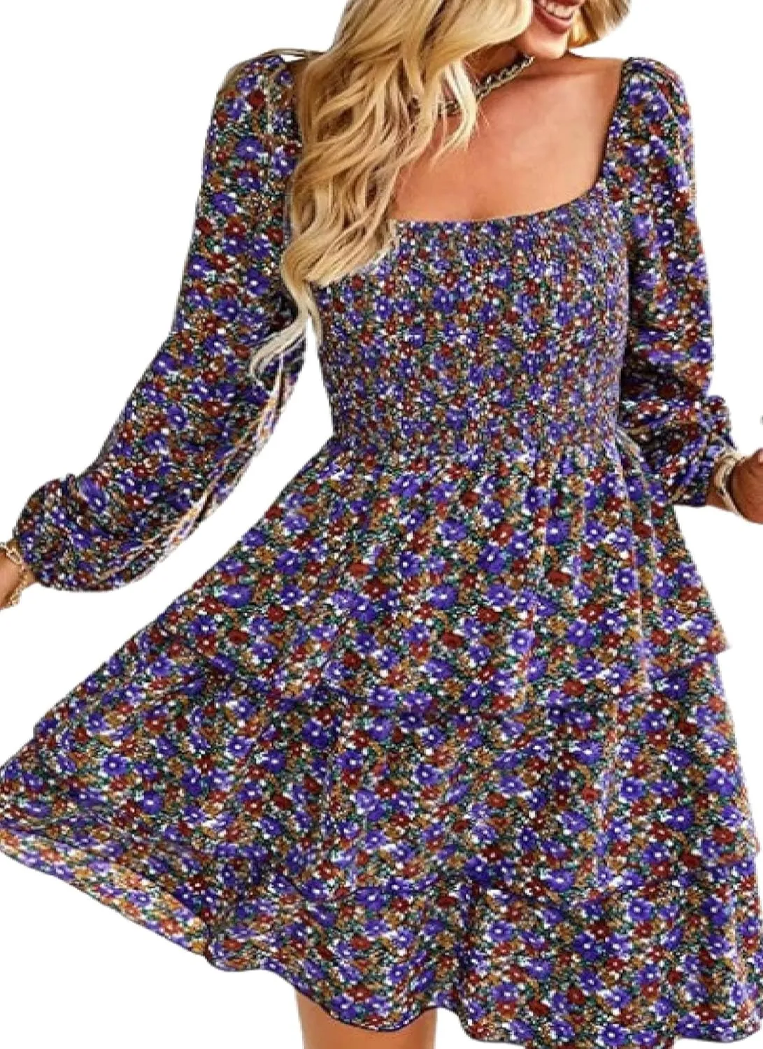 Womens Ruffle Mini Dress Long Puff Sleeve Floral Square Neck Pleated A-Line Dress Casual Spring Layered Swing Dresses