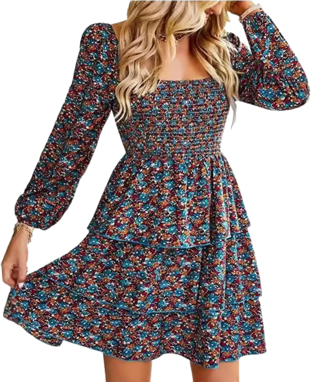 Womens Ruffle Mini Dress Long Puff Sleeve Floral Square Neck Pleated A-Line Dress Casual Spring Layered Swing Dresses
