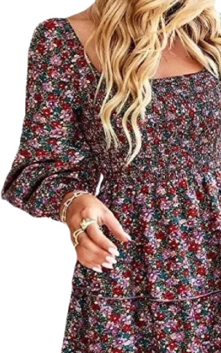 Womens Ruffle Mini Dress Long Puff Sleeve Floral Square Neck Pleated A-Line Dress Casual Spring Layered Swing Dresses