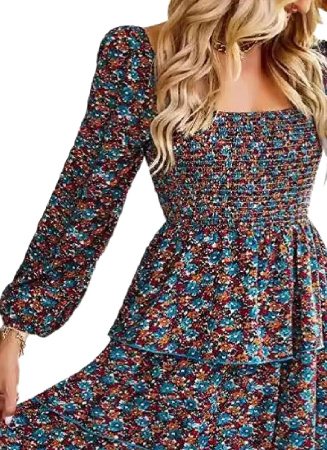 Womens Ruffle Mini Dress Long Puff Sleeve Floral Square Neck Pleated A-Line Dress Casual Spring Layered Swing Dresses