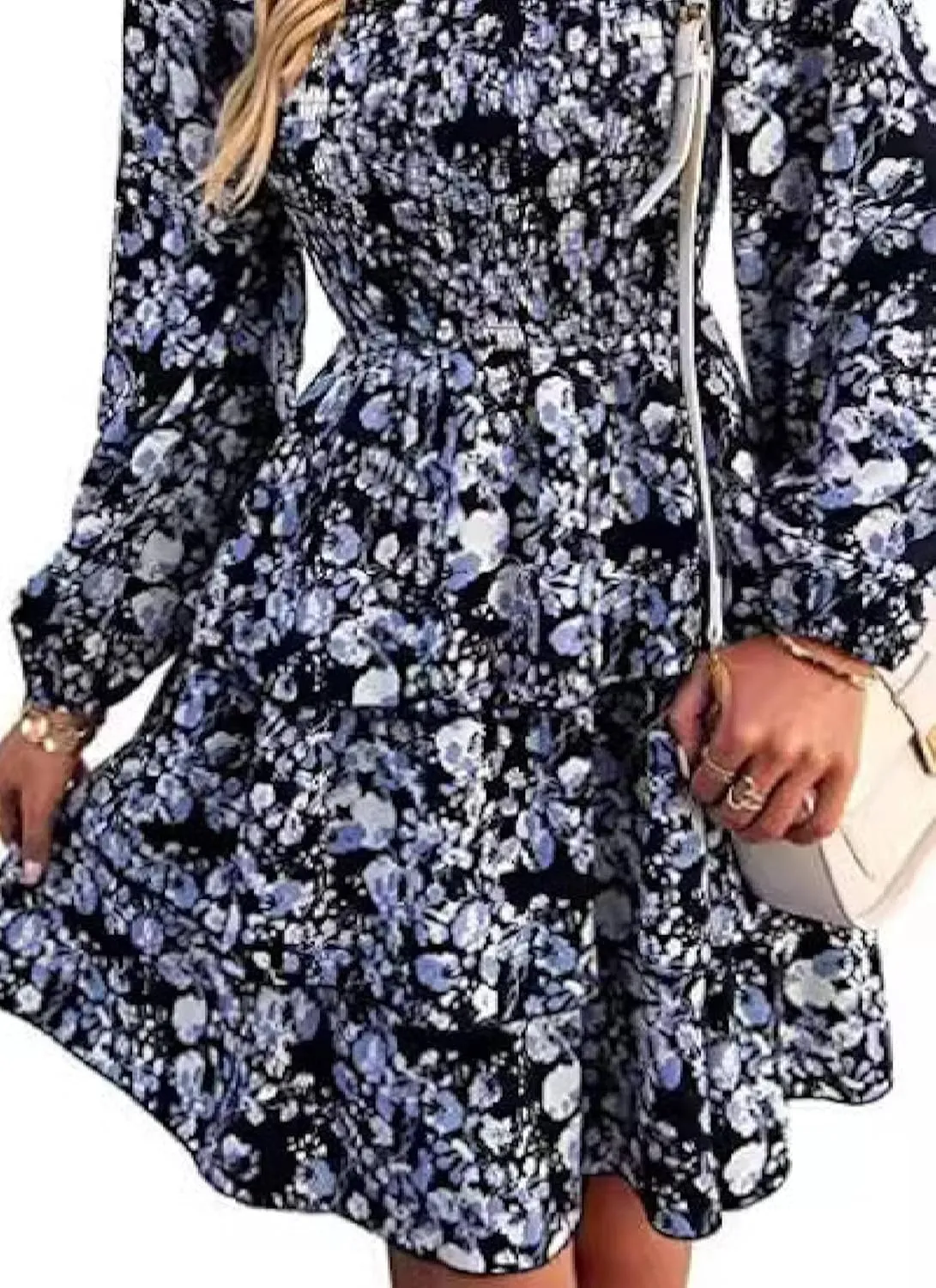 Womens Ruffle Mini Dress Long Puff Sleeve Floral Square Neck Pleated A-Line Dress Casual Spring Layered Swing Dresses