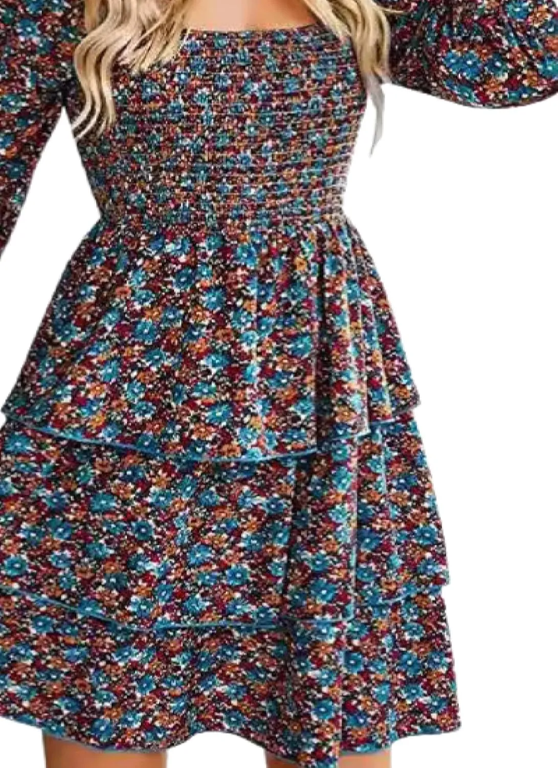Womens Ruffle Mini Dress Long Puff Sleeve Floral Square Neck Pleated A-Line Dress Casual Spring Layered Swing Dresses
