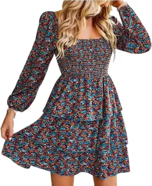 Womens Ruffle Mini Dress Long Puff Sleeve Floral Square Neck Pleated A-Line Dress Casual Spring Layered Swing Dresses