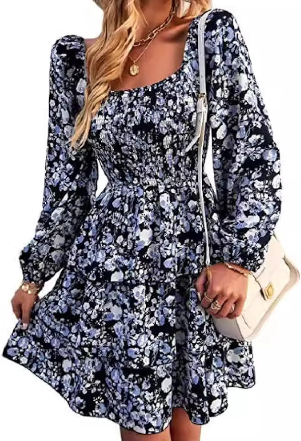 Womens Ruffle Mini Dress Long Puff Sleeve Floral Square Neck Pleated A-Line Dress Casual Spring Layered Swing Dresses