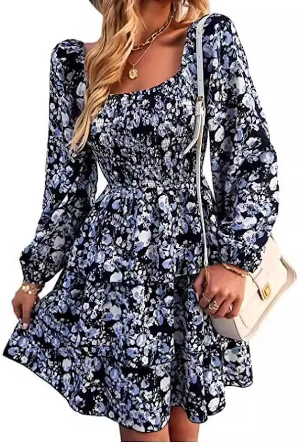 Womens Ruffle Mini Dress Long Puff Sleeve Floral Square Neck Pleated A-Line Dress Casual Spring Layered Swing Dresses
