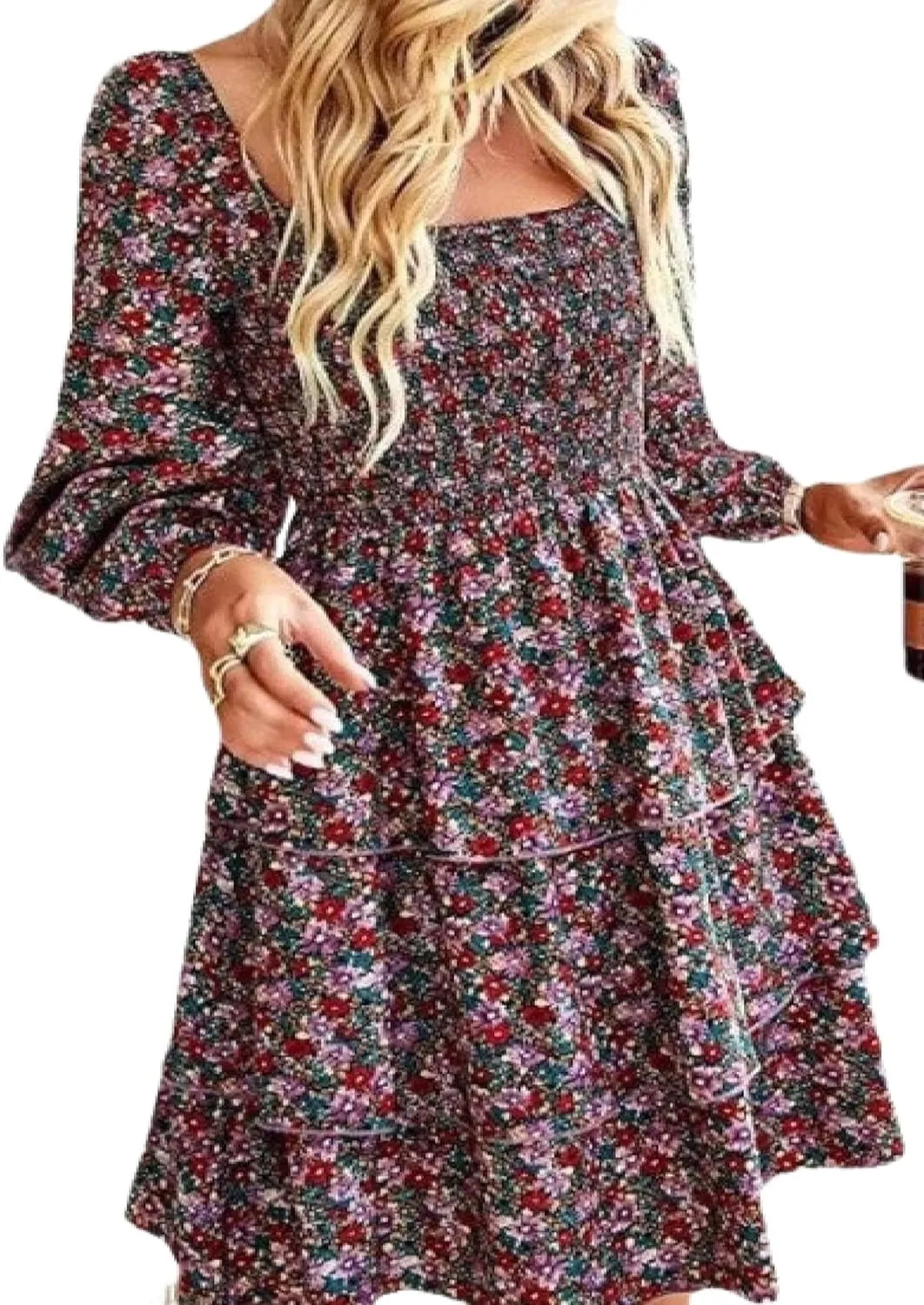 Womens Ruffle Mini Dress Long Puff Sleeve Floral Square Neck Pleated A-Line Dress Casual Spring Layered Swing Dresses
