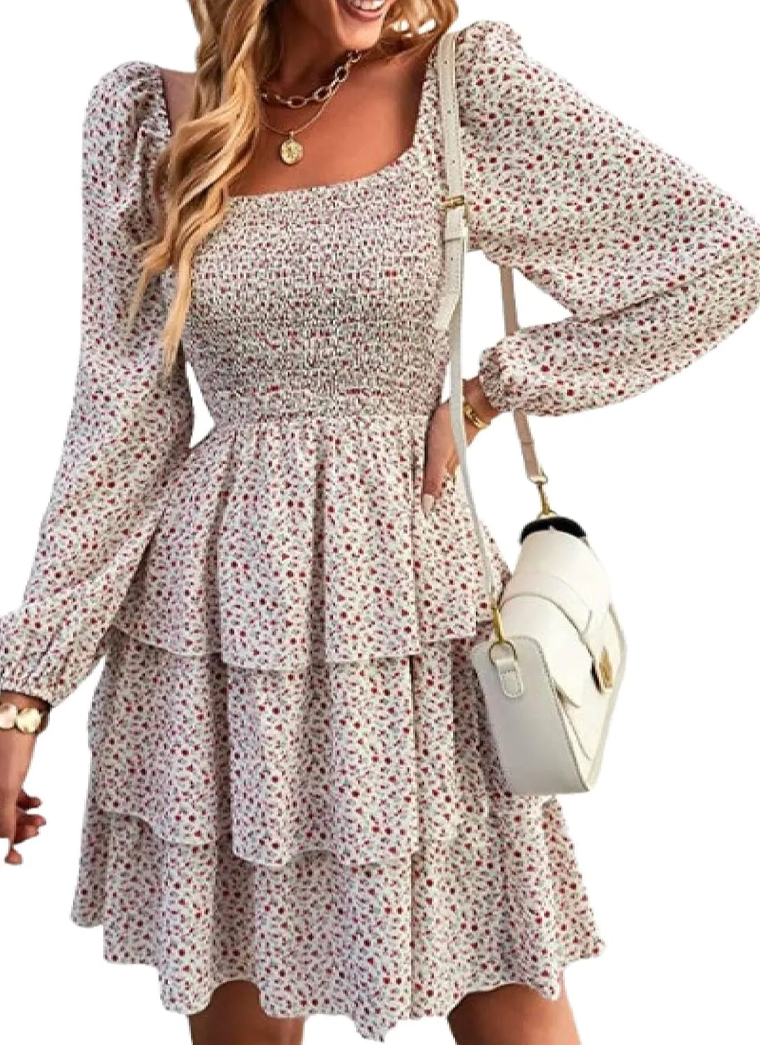 Womens Ruffle Mini Dress Long Puff Sleeve Floral Square Neck Pleated A-Line Dress Casual Spring Layered Swing Dresses