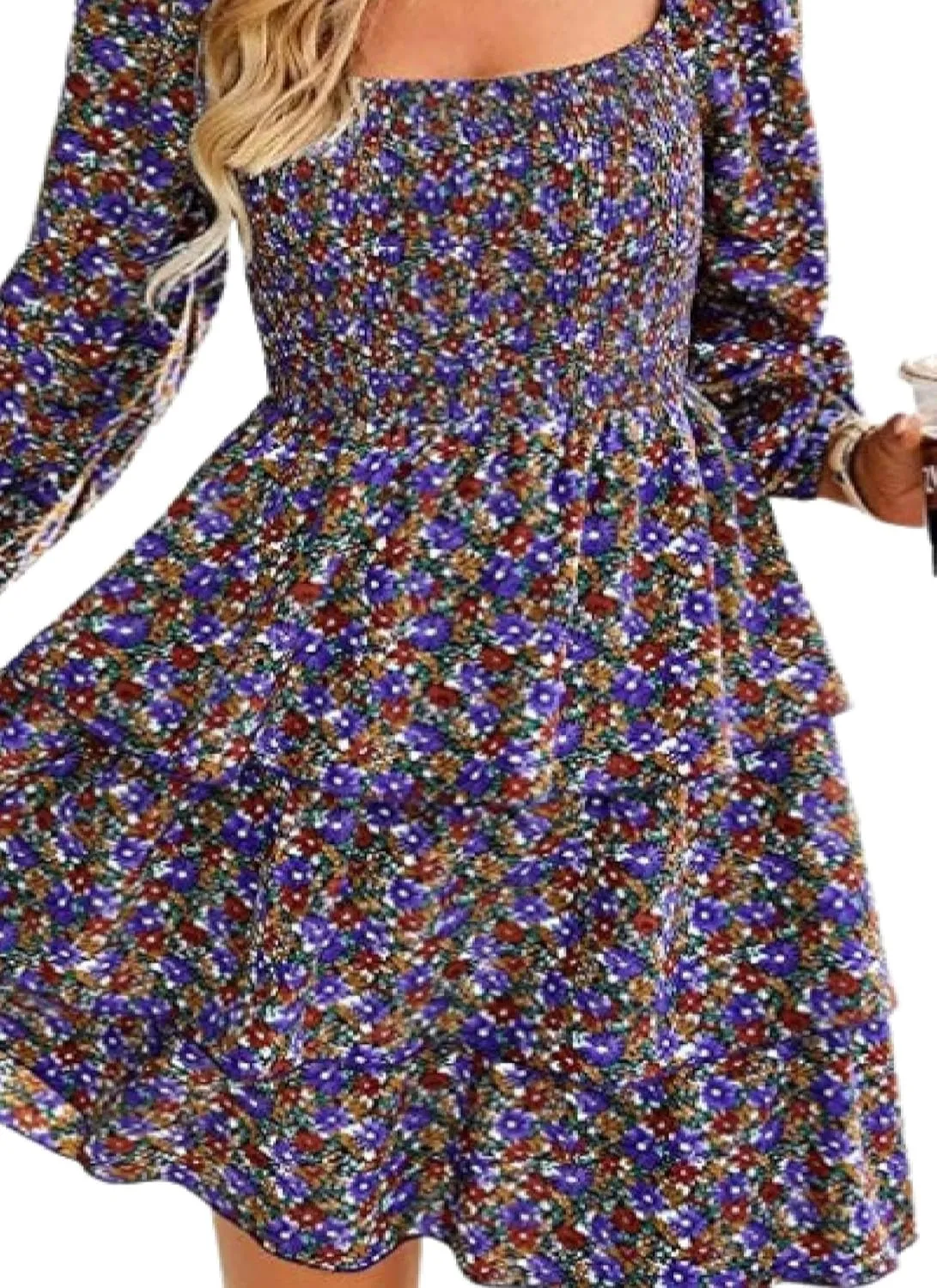 Womens Ruffle Mini Dress Long Puff Sleeve Floral Square Neck Pleated A-Line Dress Casual Spring Layered Swing Dresses