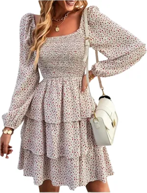 Womens Ruffle Mini Dress Long Puff Sleeve Floral Square Neck Pleated A-Line Dress Casual Spring Layered Swing Dresses