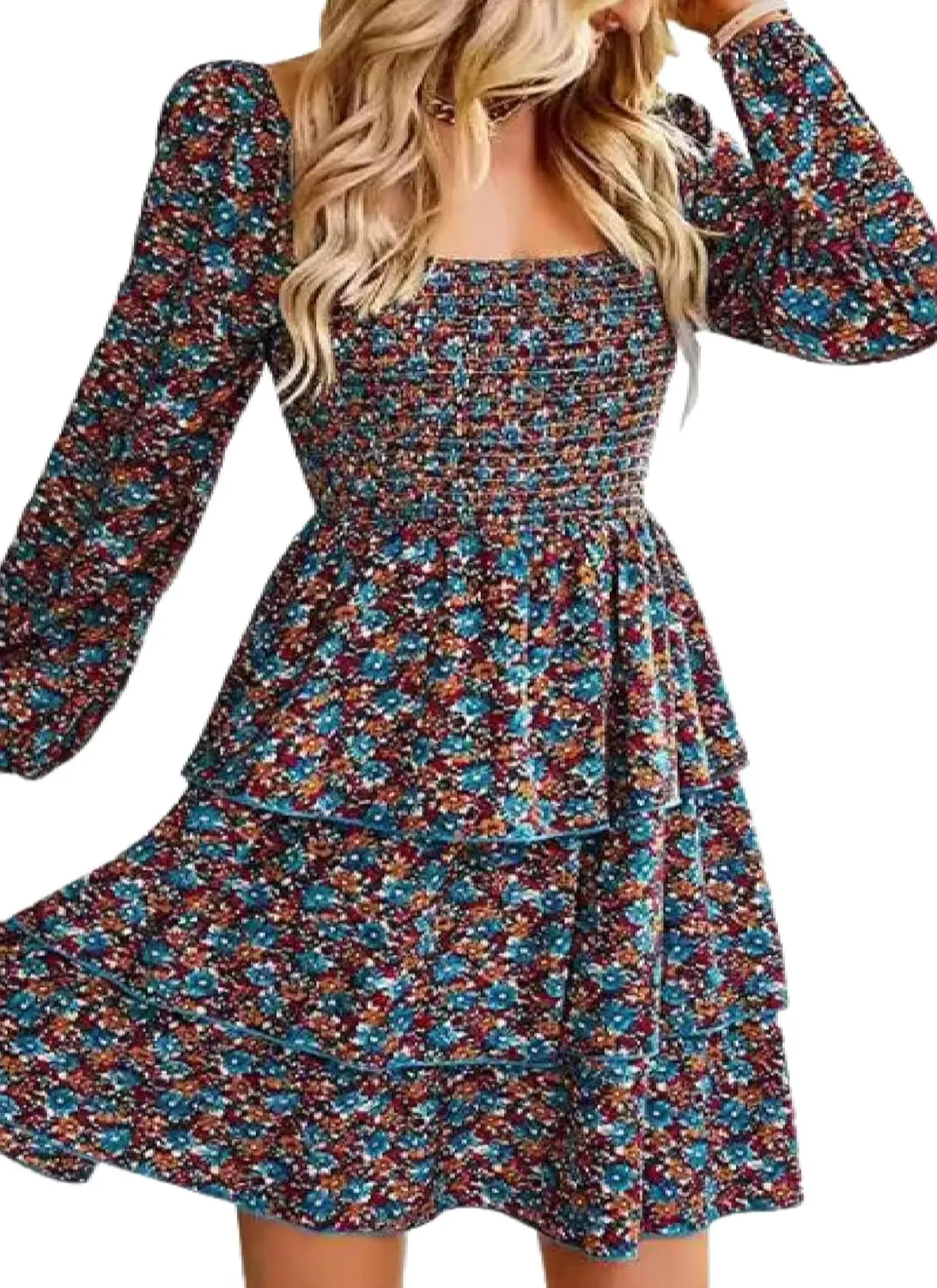 Womens Ruffle Mini Dress Long Puff Sleeve Floral Square Neck Pleated A-Line Dress Casual Spring Layered Swing Dresses