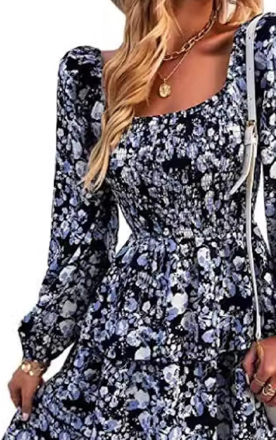 Womens Ruffle Mini Dress Long Puff Sleeve Floral Square Neck Pleated A-Line Dress Casual Spring Layered Swing Dresses