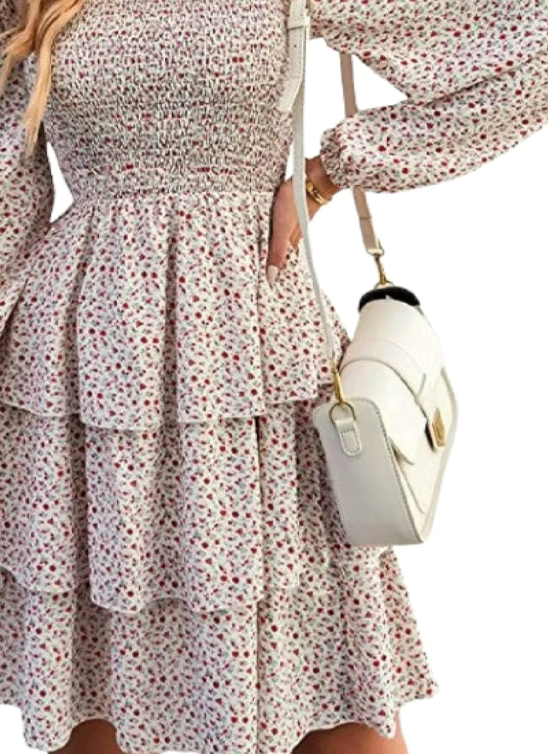 Womens Ruffle Mini Dress Long Puff Sleeve Floral Square Neck Pleated A-Line Dress Casual Spring Layered Swing Dresses