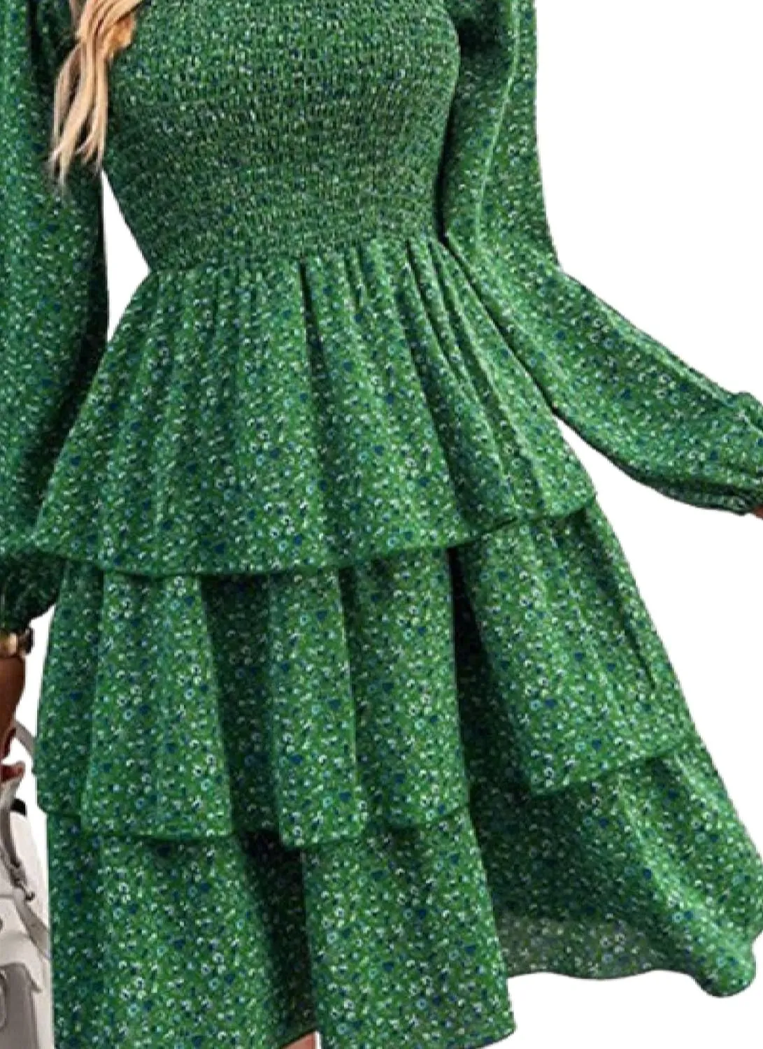 Womens Ruffle Mini Dress Long Puff Sleeve Floral Square Neck Pleated A-Line Dress Casual Spring Layered Swing Dresses