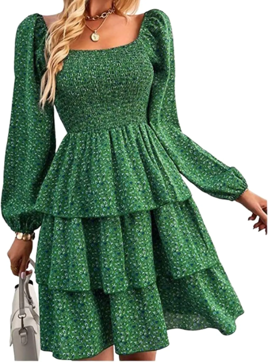Womens Ruffle Mini Dress Long Puff Sleeve Floral Square Neck Pleated A-Line Dress Casual Spring Layered Swing Dresses