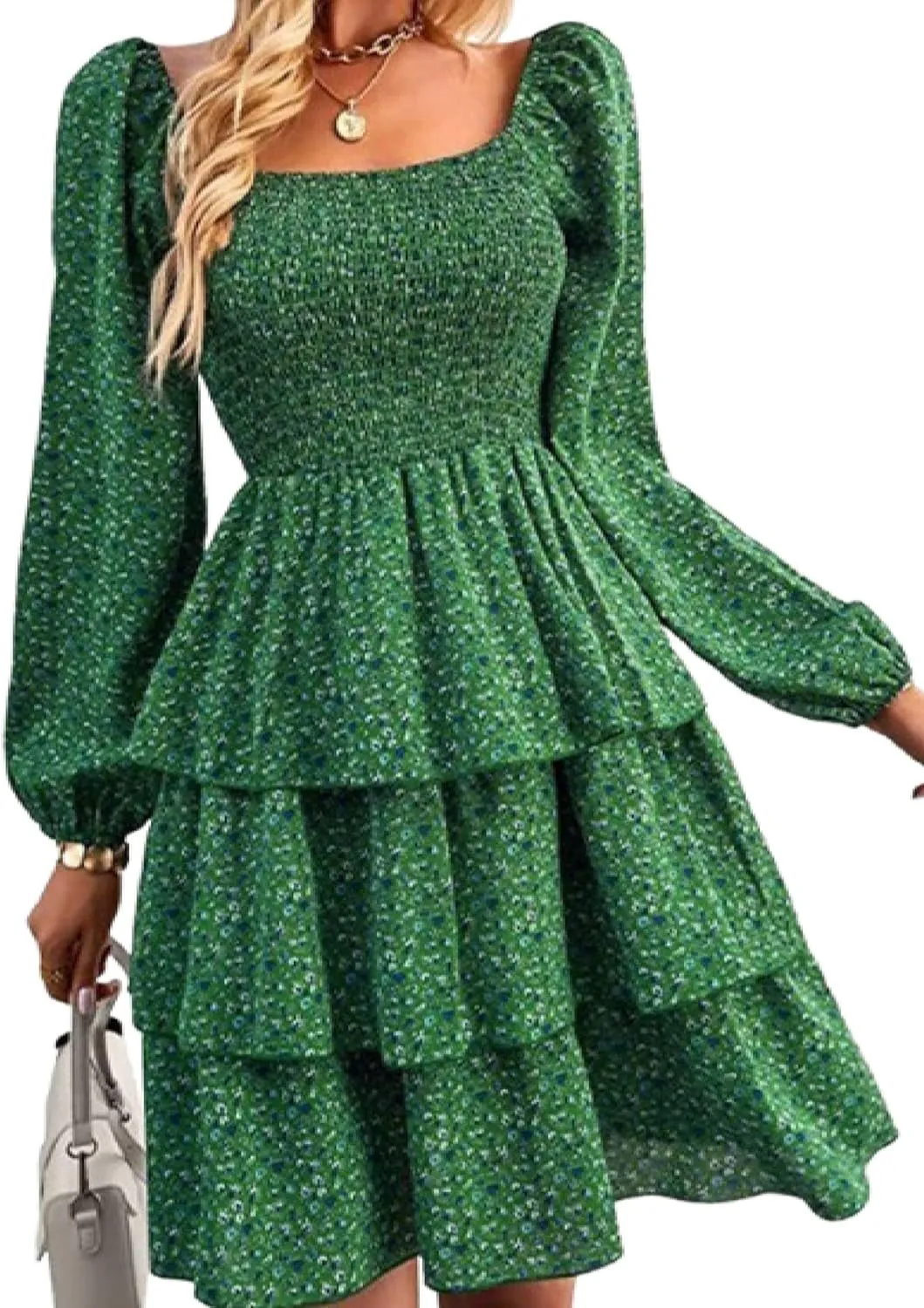 Womens Ruffle Mini Dress Long Puff Sleeve Floral Square Neck Pleated A-Line Dress Casual Spring Layered Swing Dresses