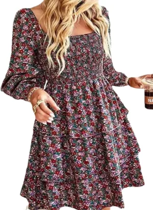 Womens Ruffle Mini Dress Long Puff Sleeve Floral Square Neck Pleated A-Line Dress Casual Spring Layered Swing Dresses