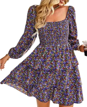 Womens Ruffle Mini Dress Long Puff Sleeve Floral Square Neck Pleated A-Line Dress Casual Spring Layered Swing Dresses