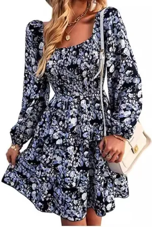 Womens Ruffle Mini Dress Long Puff Sleeve Floral Square Neck Pleated A-Line Dress Casual Spring Layered Swing Dresses