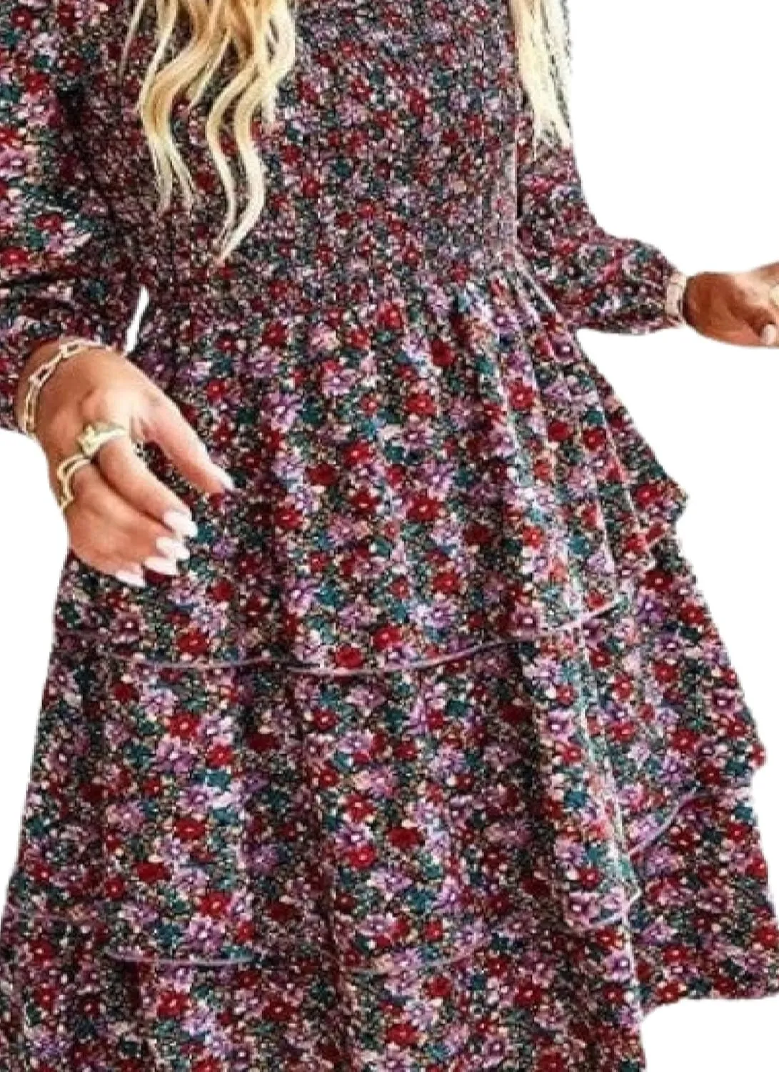 Womens Ruffle Mini Dress Long Puff Sleeve Floral Square Neck Pleated A-Line Dress Casual Spring Layered Swing Dresses
