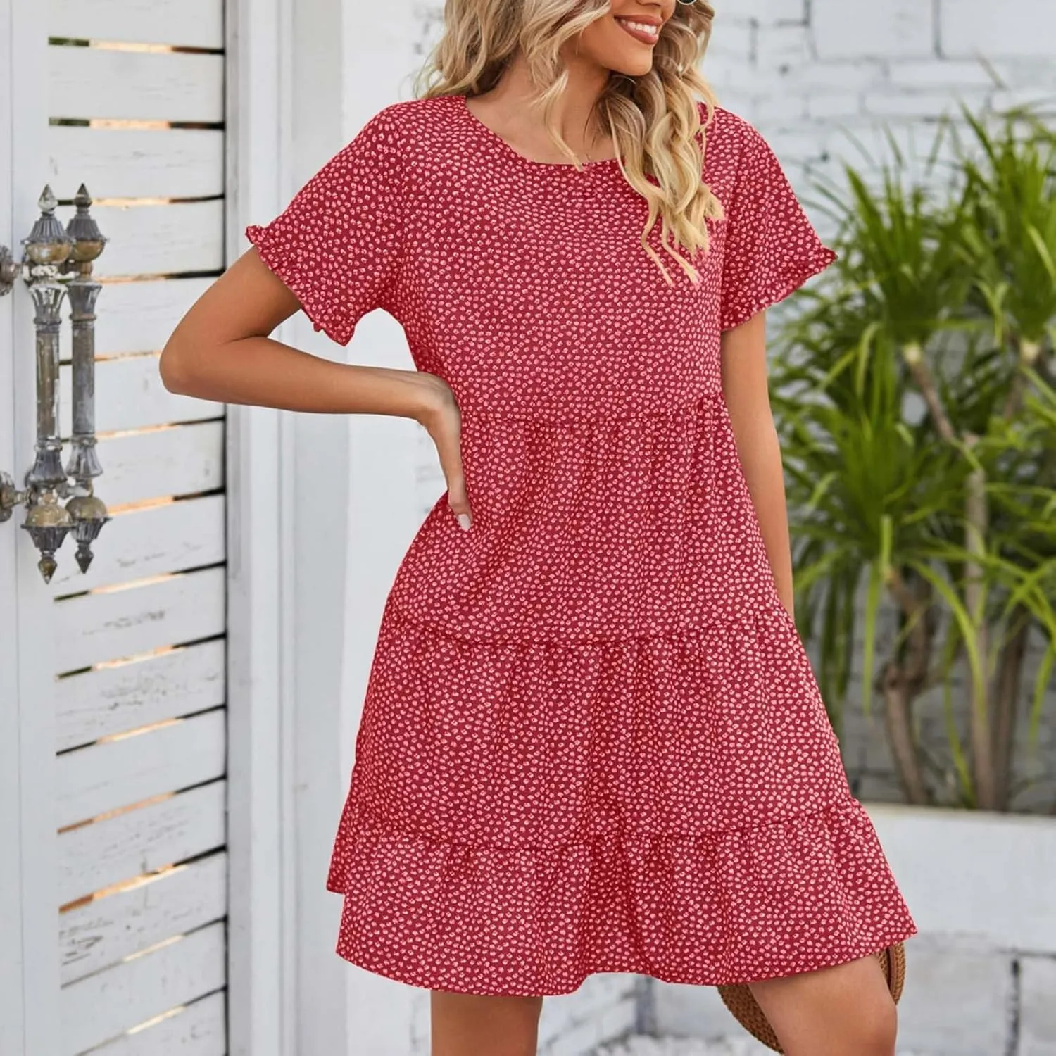 Womens Ruffles Boho Floral Printed Babydoll Loose Swing Casual Short Mini T-Shirt Dress