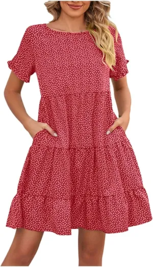 Womens Ruffles Boho Floral Printed Babydoll Loose Swing Casual Short Mini T-Shirt Dress