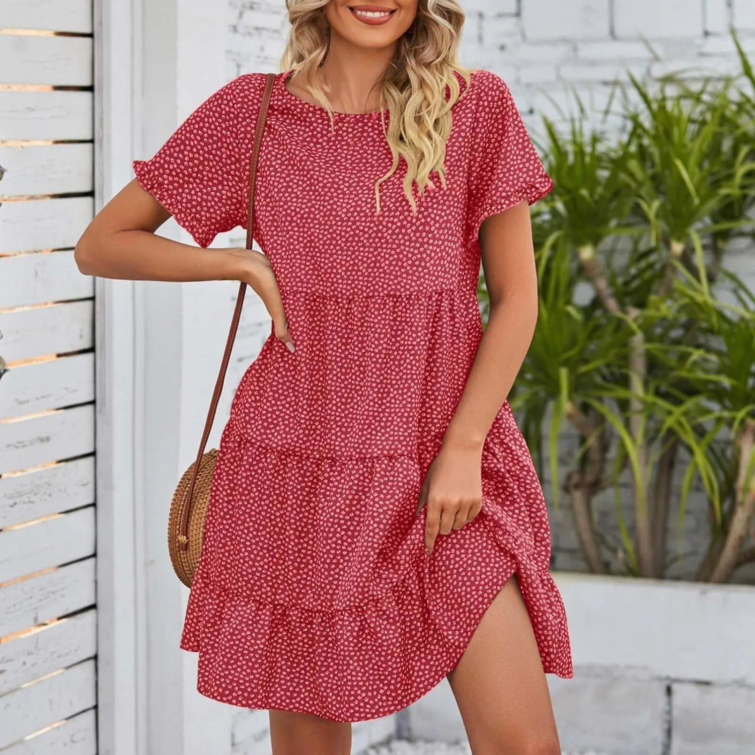 Womens Ruffles Boho Floral Printed Babydoll Loose Swing Casual Short Mini T-Shirt Dress