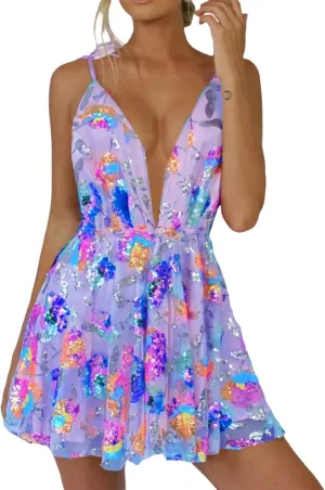 Women's Sequin Dress Sexy Sparkly Floral Summer Backless Deep V Low-Cut Shiny Strap Mini Dress for Party Cocktail Clubwear