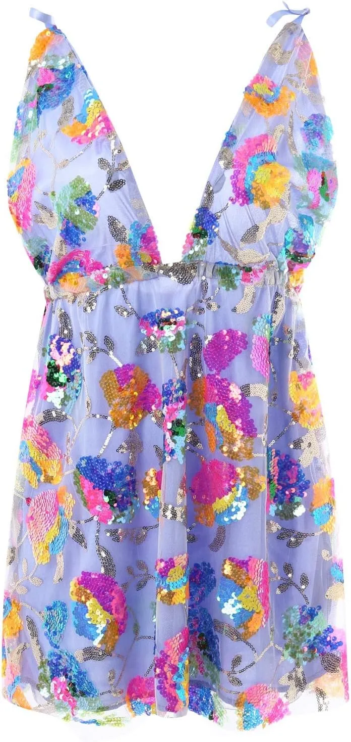 Women's Sequin Dress Sexy Sparkly Floral Summer Backless Deep V Low-Cut Shiny Strap Mini Dress for Party Cocktail Clubwear