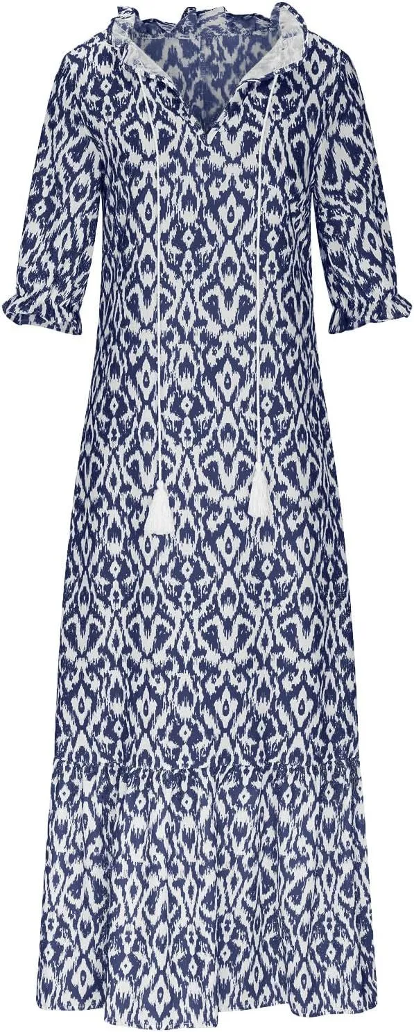 Womens Short Sleeve Trendy 2025 Maxi Dress Boho Print Dresses V-Neck A Line Elegant Beach Dresses