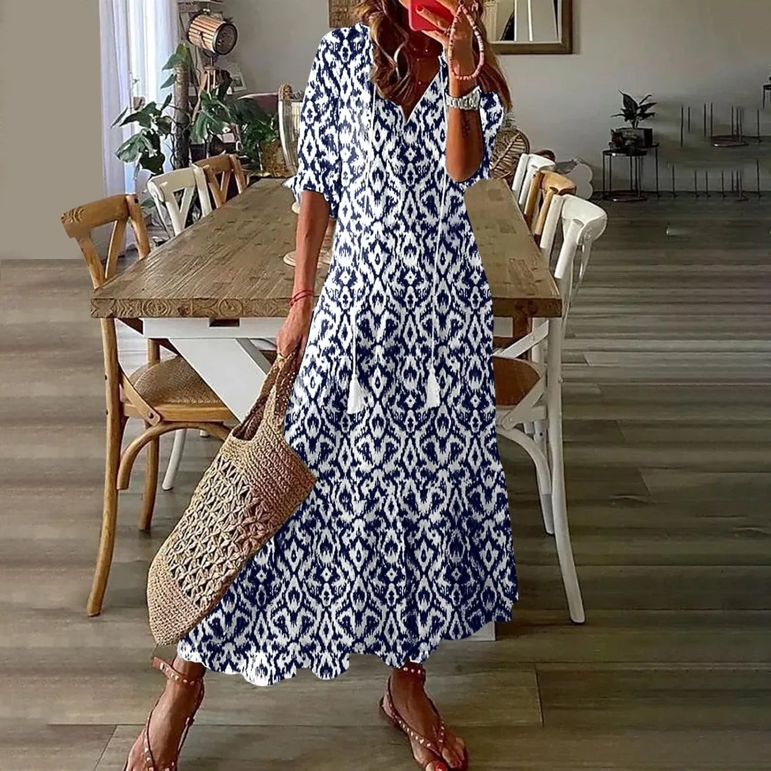 Womens Short Sleeve Trendy 2025 Maxi Dress Boho Print Dresses V-Neck A Line Elegant Beach Dresses