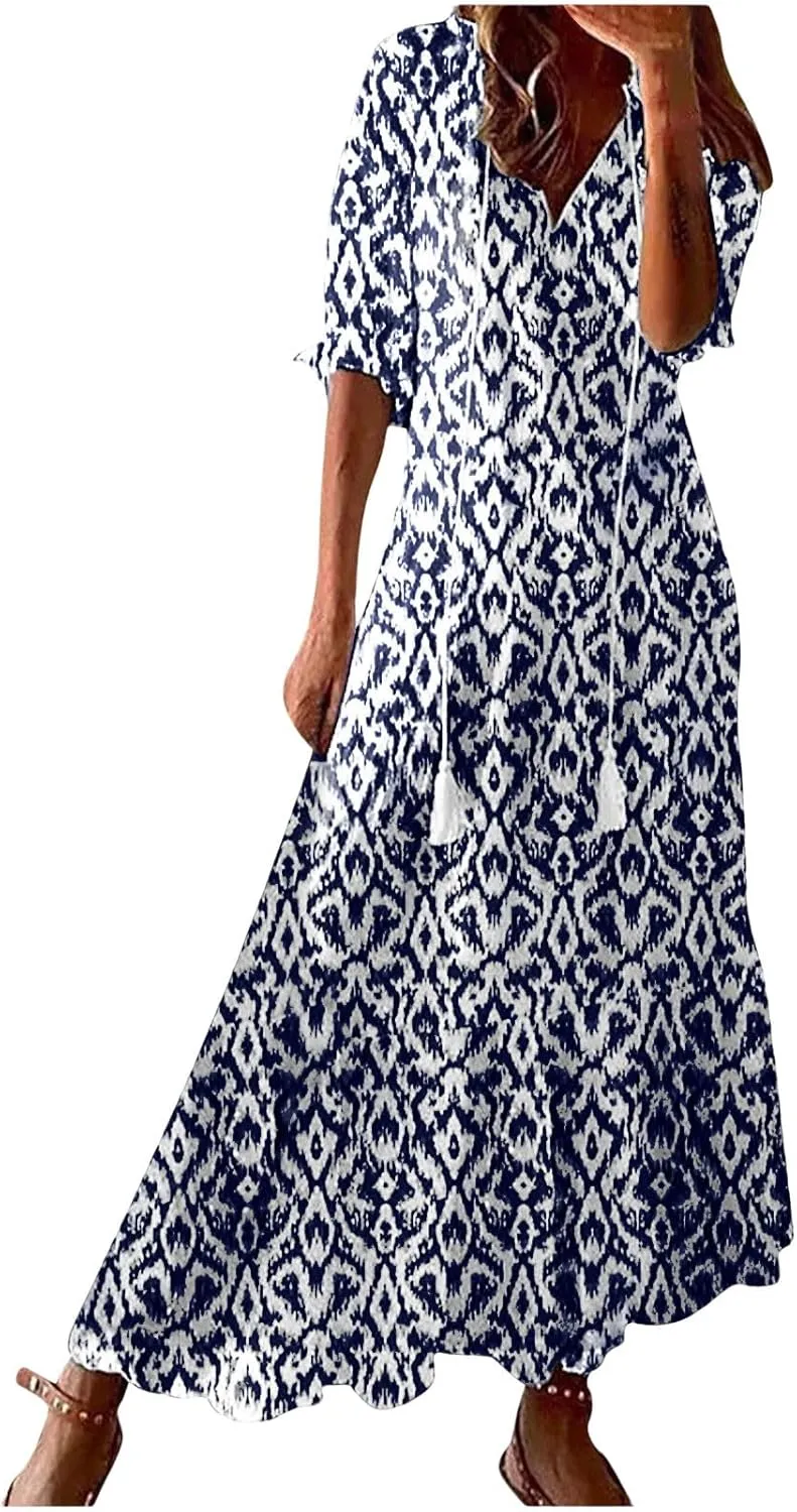 Womens Short Sleeve Trendy 2025 Maxi Dress Boho Print Dresses V-Neck A Line Elegant Beach Dresses