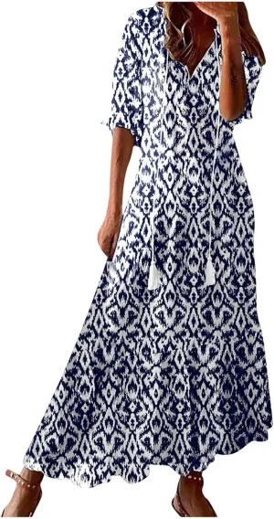 Womens Short Sleeve Trendy 2025 Maxi Dress Boho Print Dresses V-Neck A Line Elegant Beach Dresses
