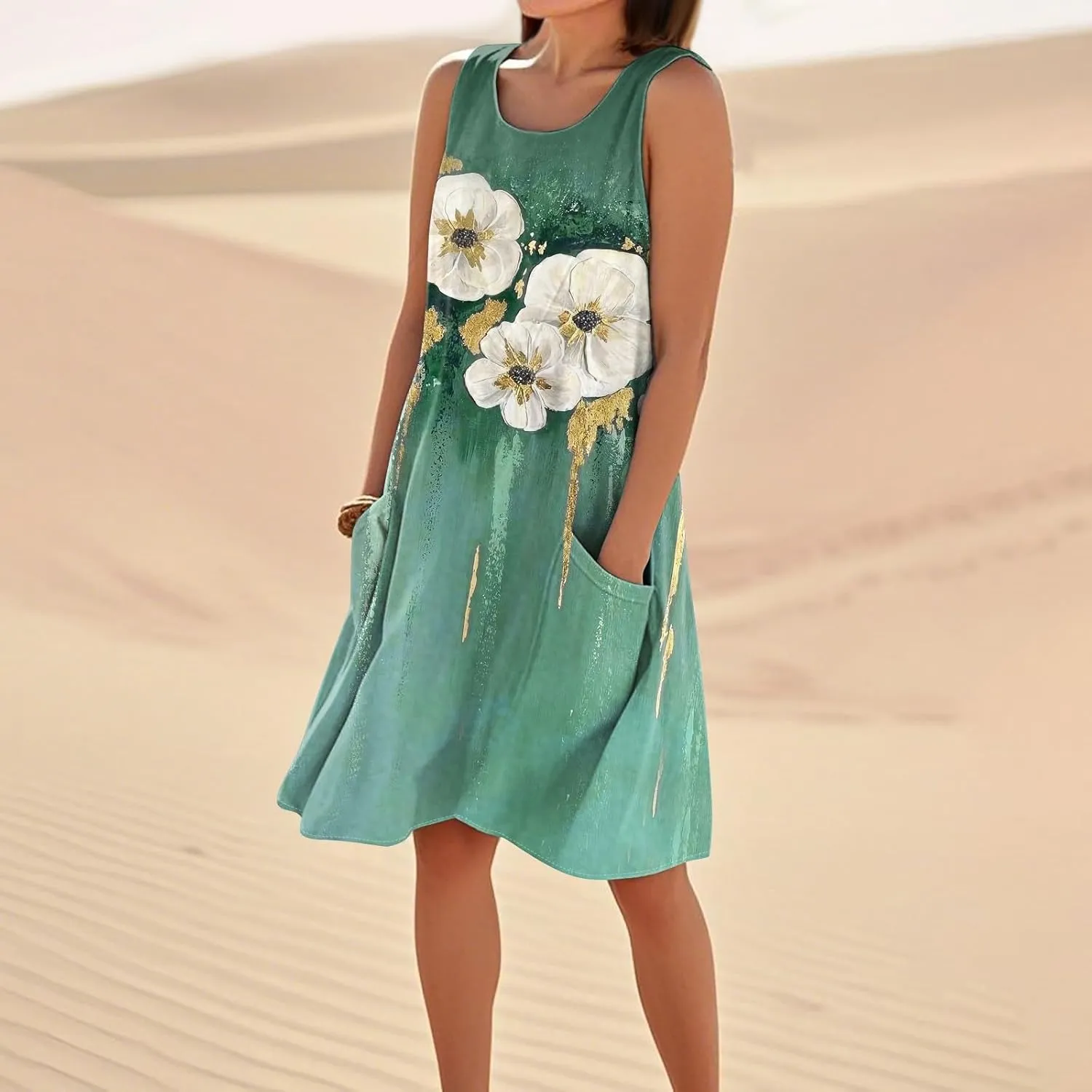 Women's Sleeveless Dresses Flowy Casual Sundress Floral Printed 2025 Summer Comfy Dress Beach Loose Dress with Pockets