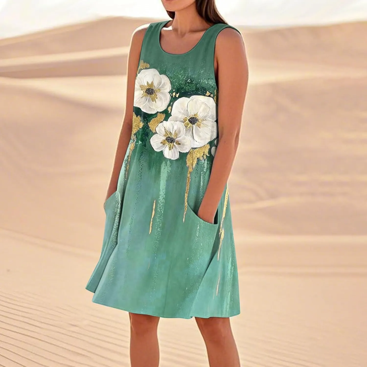 Women's Sleeveless Dresses Flowy Casual Sundress Floral Printed 2025 Summer Comfy Dress Beach Loose Dress with Pockets