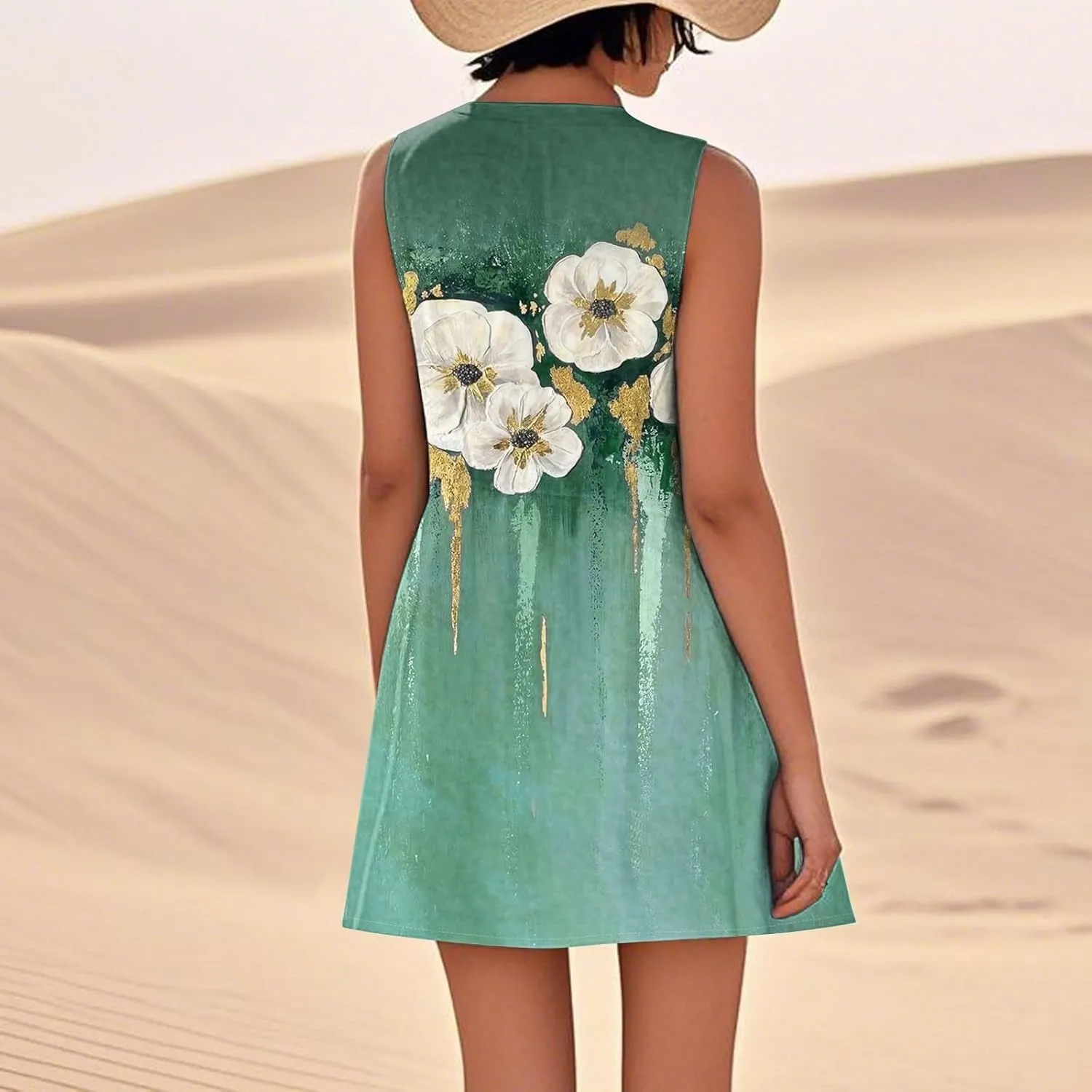 Women's Sleeveless Dresses Flowy Casual Sundress Floral Printed 2025 Summer Comfy Dress Beach Loose Dress with Pockets