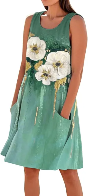 Women's Sleeveless Dresses Flowy Casual Sundress Floral Printed 2025 Summer Comfy Dress Beach Loose Dress with Pockets