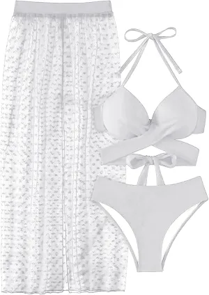 Women's Solid Color Sexy Long Skirt Mesh Sun Three Piece Split Swimsuit 3 Piece Bikini Set with Cover up