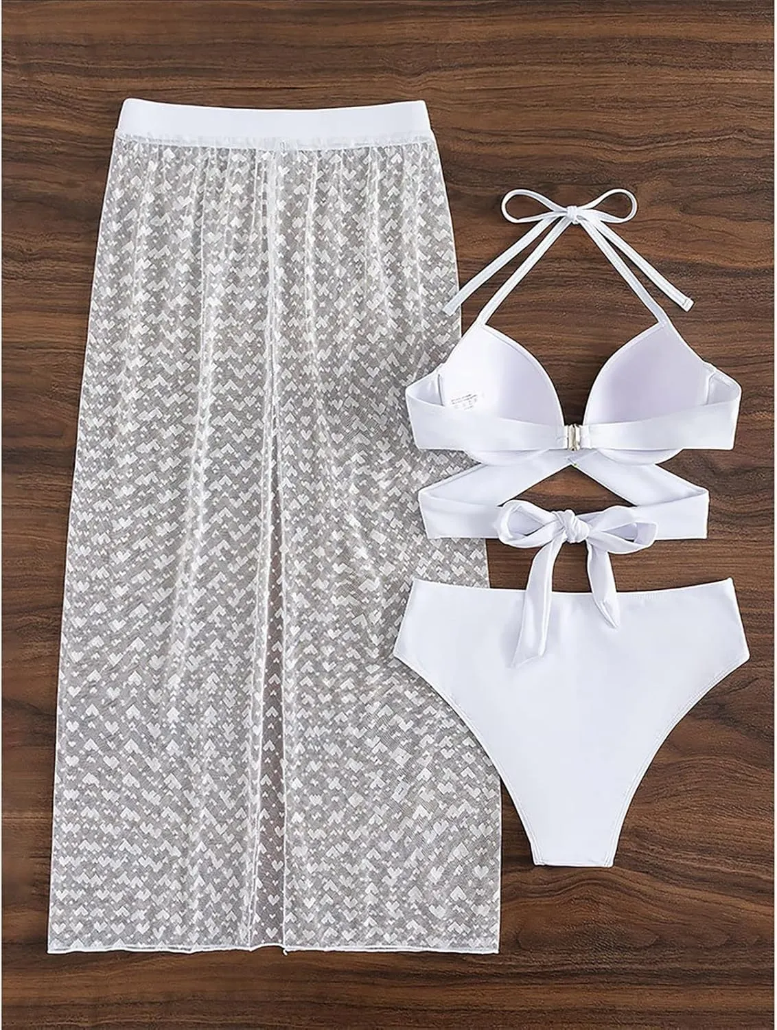 Women's Solid Color Sexy Long Skirt Mesh Sun Three Piece Split Swimsuit 3 Piece Bikini Set with Cover up