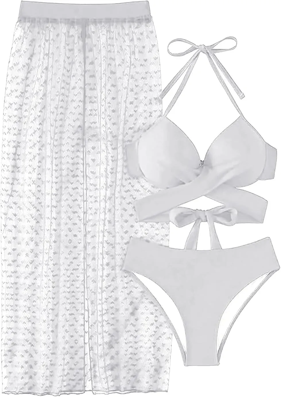 Women's Solid Color Sexy Long Skirt Mesh Sun Three Piece Split Swimsuit 3 Piece Bikini Set with Cover up