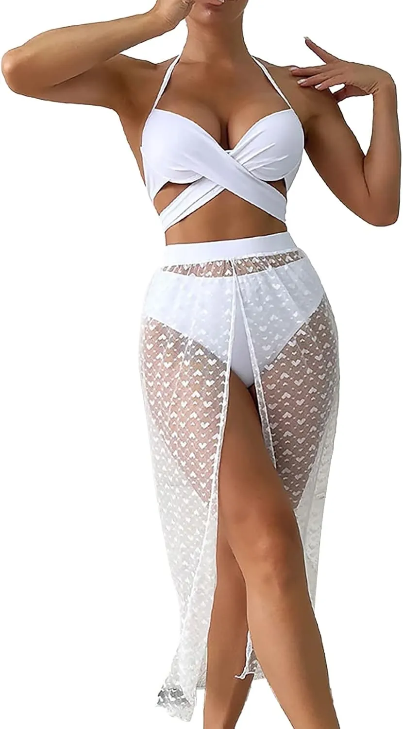 Women's Solid Color Sexy Long Skirt Mesh Sun Three Piece Split Swimsuit 3 Piece Bikini Set with Cover up