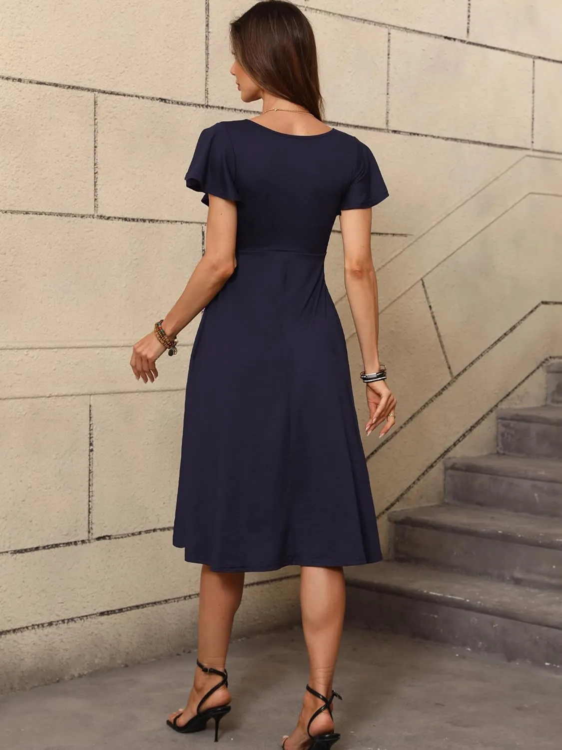 Women's Spring Summer Casual Ruffle Short Sleeve Wrap V-Neck A-Line Loose Fit Swing Party Midi Dress with Pockets