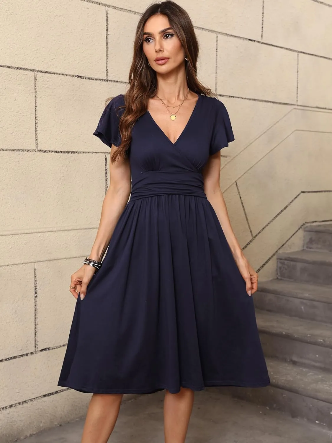 Women's Spring Summer Casual Ruffle Short Sleeve Wrap V-Neck A-Line Loose Fit Swing Party Midi Dress with Pockets