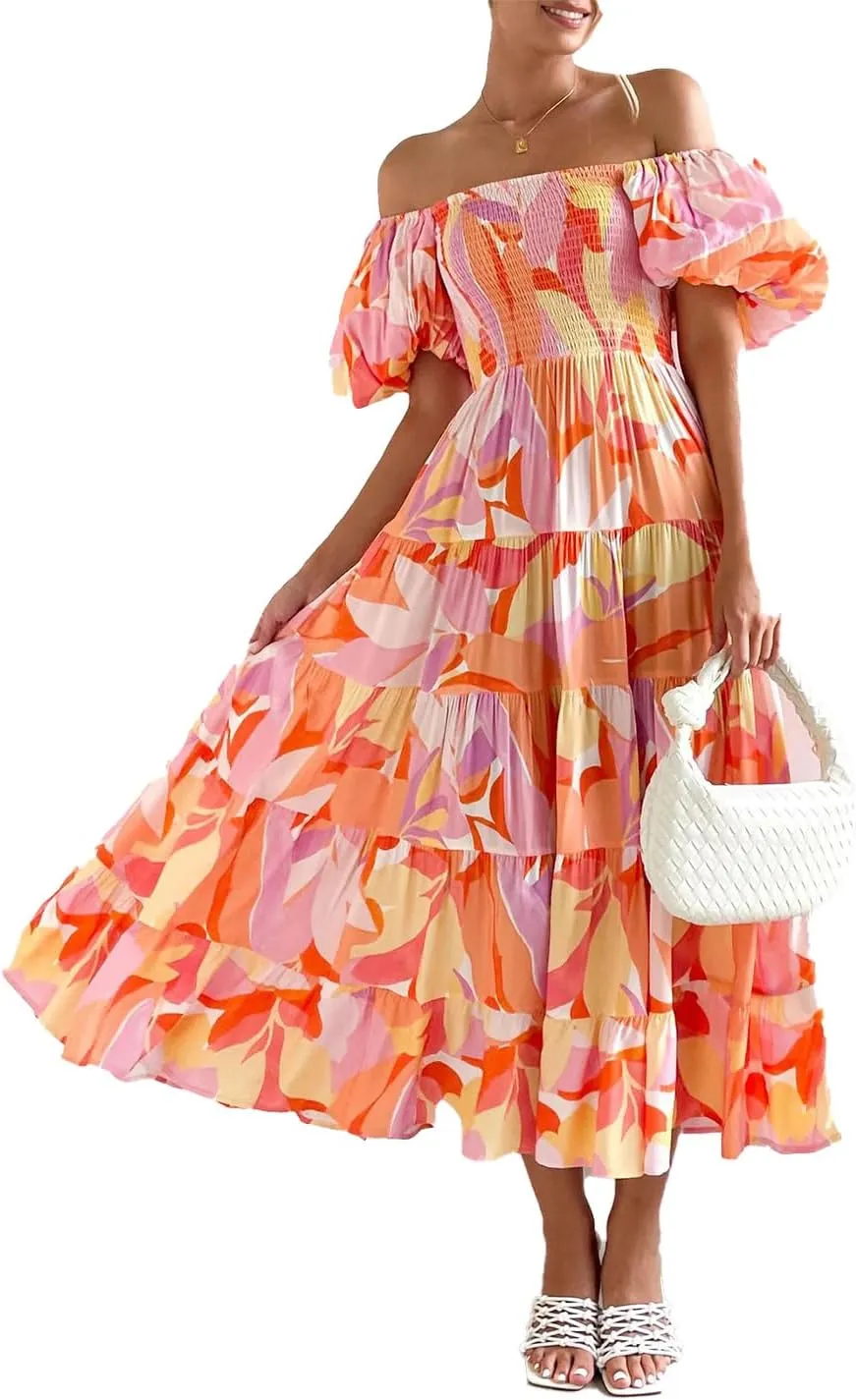 Womens Spring Summer Long Dresses Boho Floral Square Neck Midi Dress Puff Short Sleeve Tiered Maxi Dress Beach Sundress