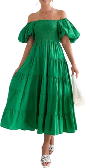 Womens Spring Summer Long Dresses Boho Floral Square Neck Midi Dress Puff Short Sleeve Tiered Maxi Dress Beach Sundress