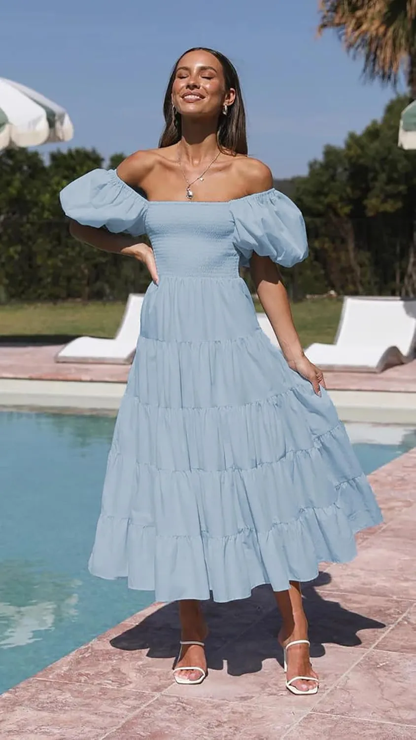 Womens Spring Summer Long Dresses Boho Floral Square Neck Midi Dress Puff Short Sleeve Tiered Maxi Dress Beach Sundress