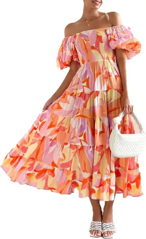 Womens Spring Summer Long Dresses Boho Floral Square Neck Midi Dress Puff Short Sleeve Tiered Maxi Dress Beach Sundress